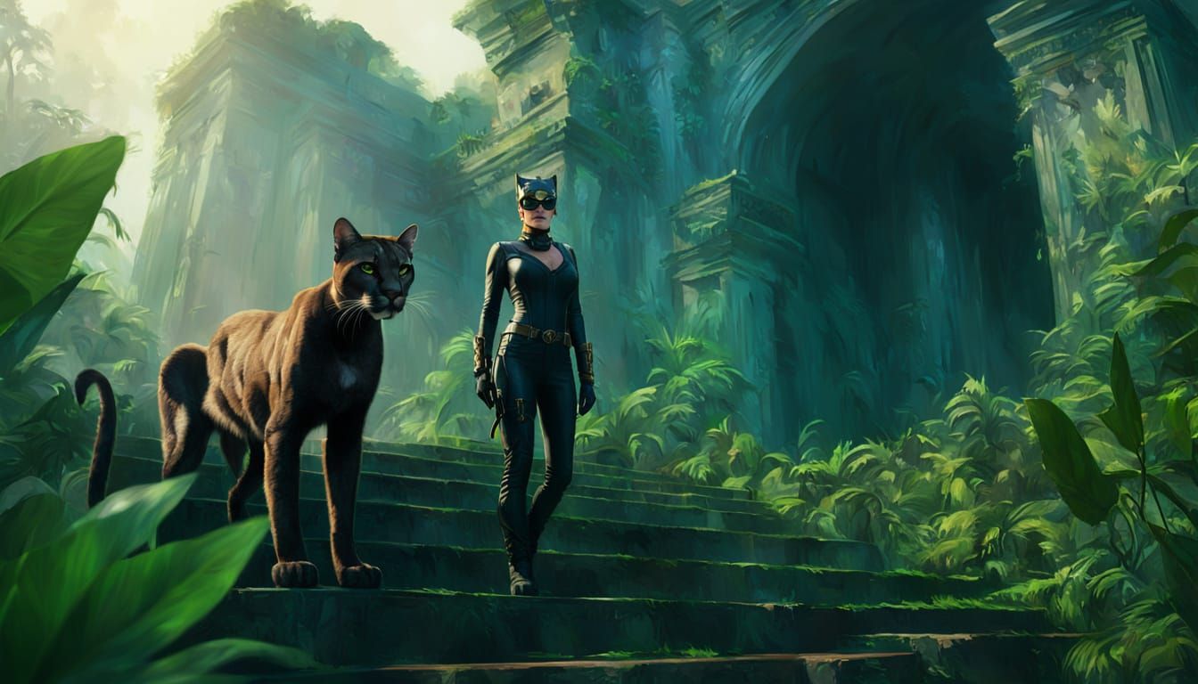 Catwoman Cougar Hybrid in Jungle Ruins: Oil Painting