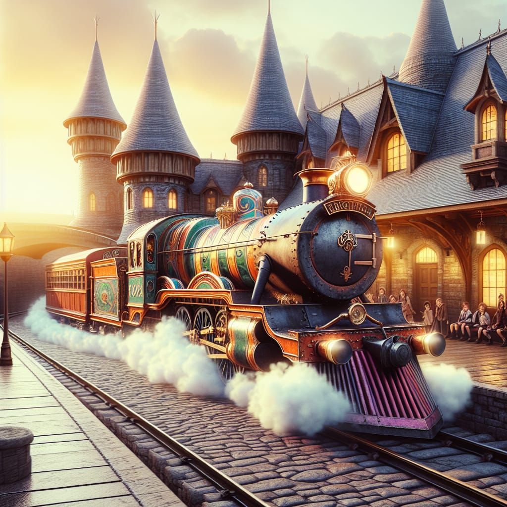 Magical Train Arrives: Hyperrealistic Fantasy Scene