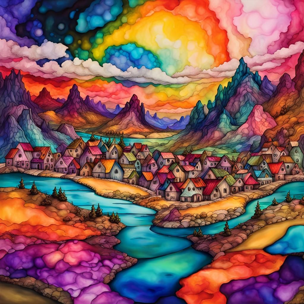 Psychedelic Village in Otherworldly Alcohol Ink Style