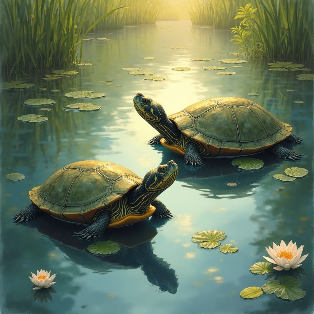 Ancient Turtles Bask in Lush Water Garden