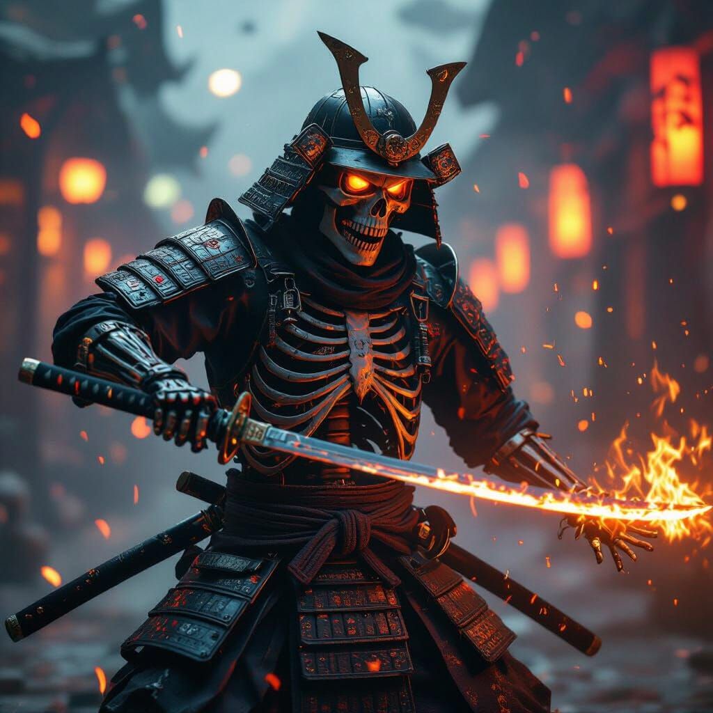 Cyberpunk Fire Skeleton Samurai with Katana