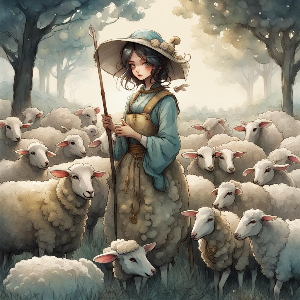 Little Bo Peep and Sheep in Fantasycore Watercolor