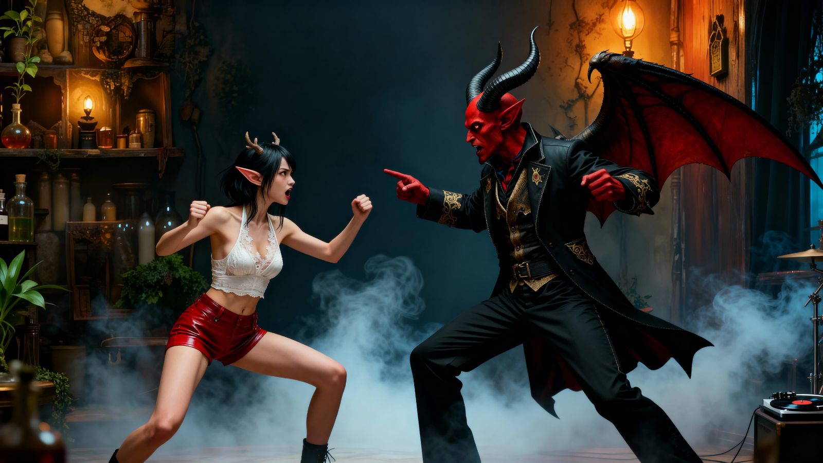 Two Characters Arguing Over Music in Dynamic Style