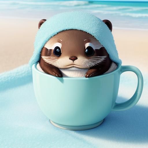 Kawaii Baby Otter with Coffee, Digital Illustration