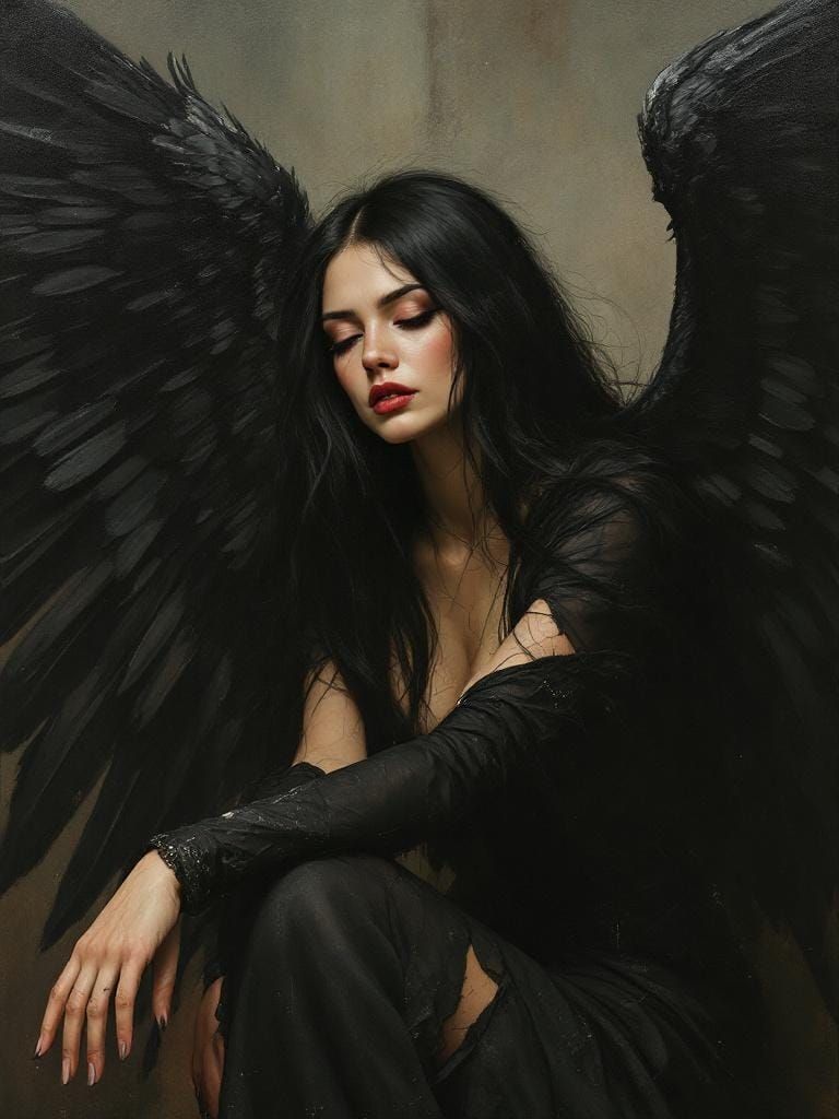 Dark Winged Woman in Austere Landscape