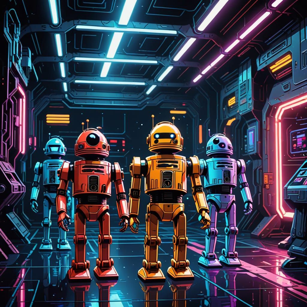 Retro Sci-Fi Droids in Neon Space Hangar