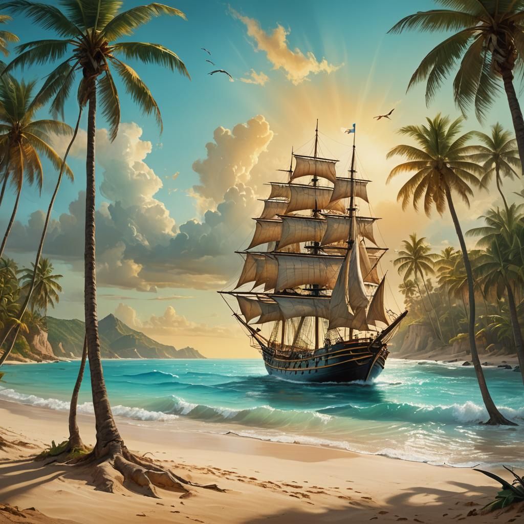 Caribbean Sailing Ship in Surreal Digital Painting