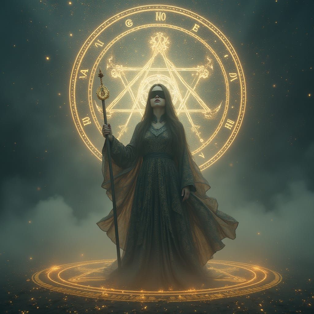Ethereal Blindfolded Prophetess in a Glowing Rune Circle