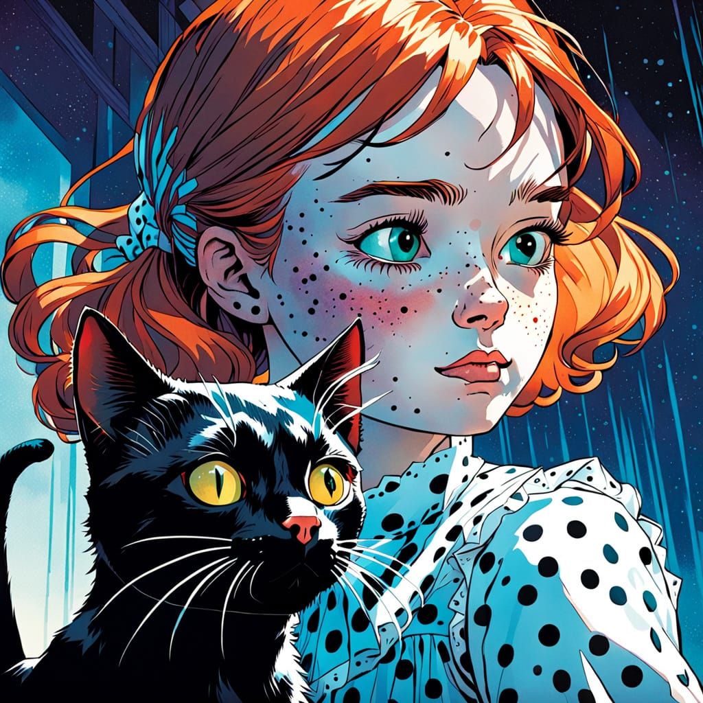 Girl and Black Cat in Cinematic Comic Style