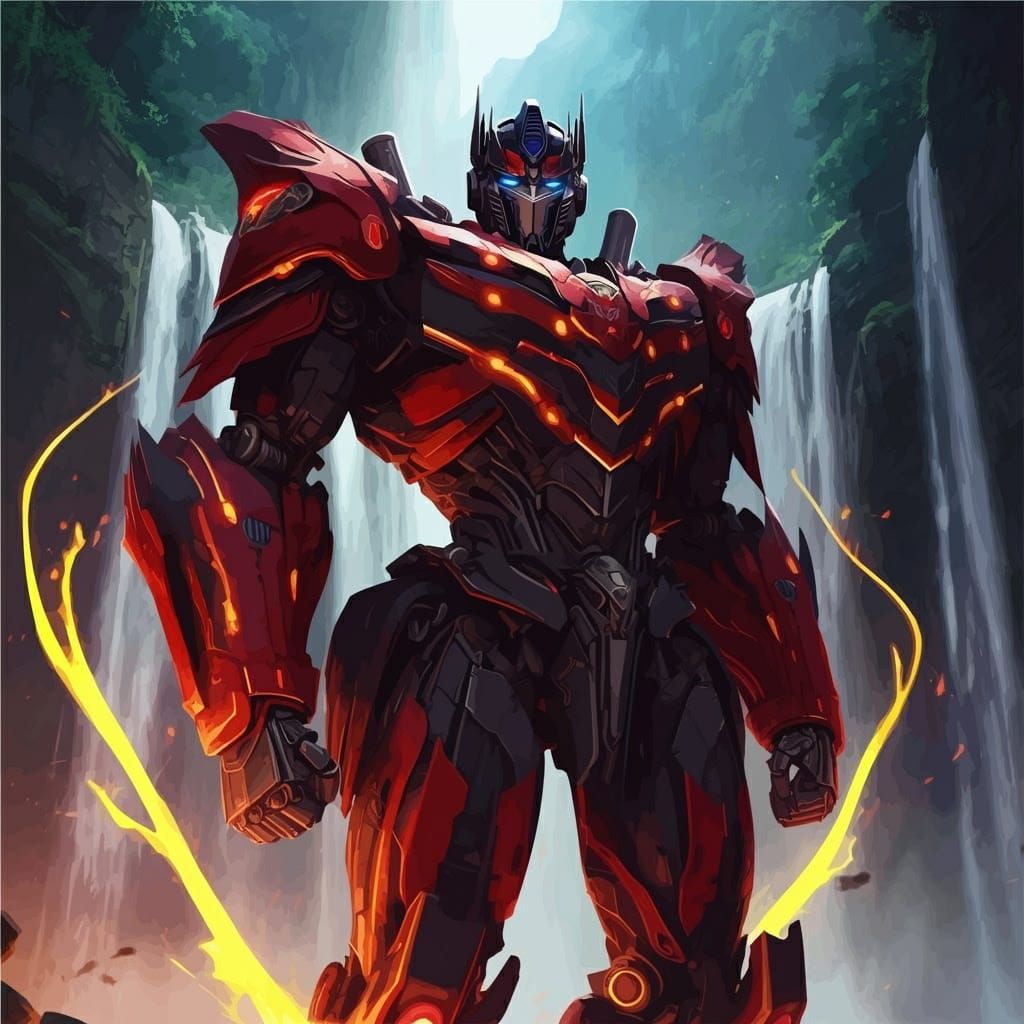 Anime Vector Style Optimus Prime in Dragon Armor, Red with B...