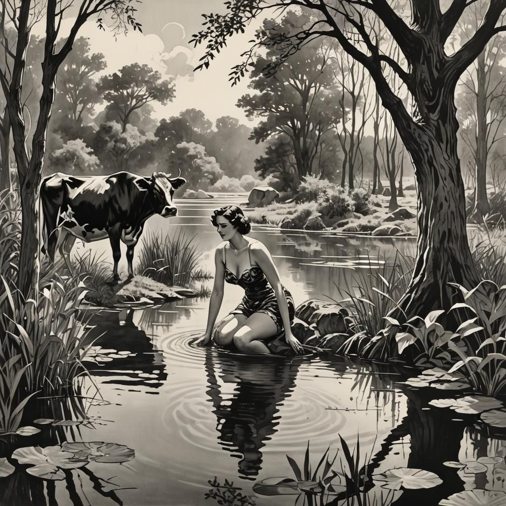 Woman Bathing in Pond: Cartoon Illustration