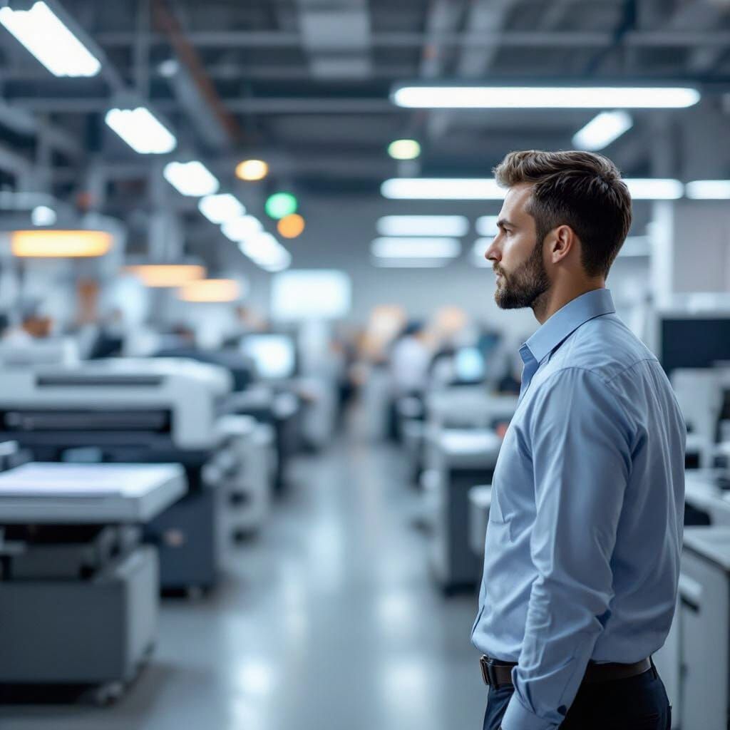 Man Contemplates Modern Printing Studio in Realistic Style