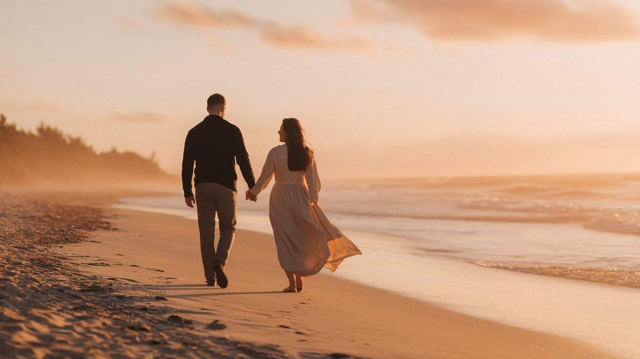 Romantic Couple on Golden Beach at Sunset