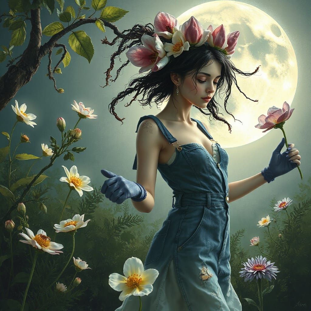 Surreal Garden: Woman Transforms into Iridescent Flora