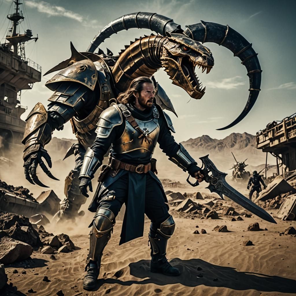 Sci-Fi Warrior Battles Scorpion in Wasteland