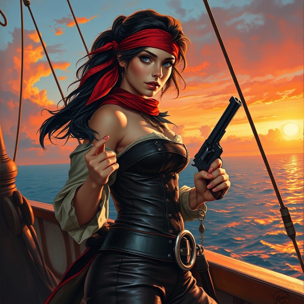 Pirate Woman on Ship at Sunset: A Vibrant Painting