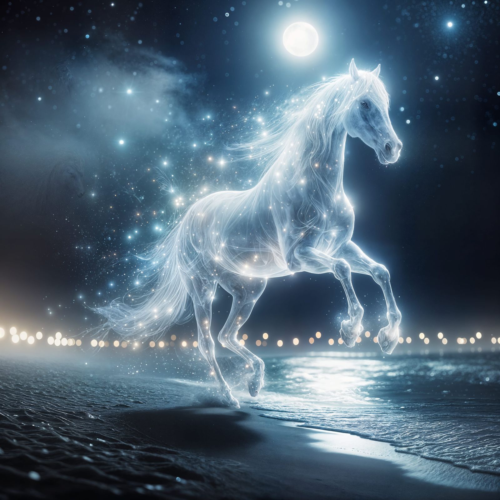 Imagine a perfect spectral white ethereal horse galloping al...