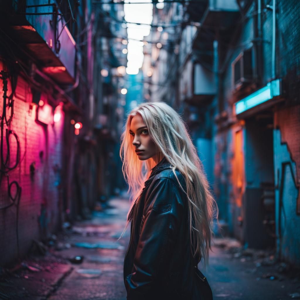 Cyberpunk Artist Girl in Neon Alleyway