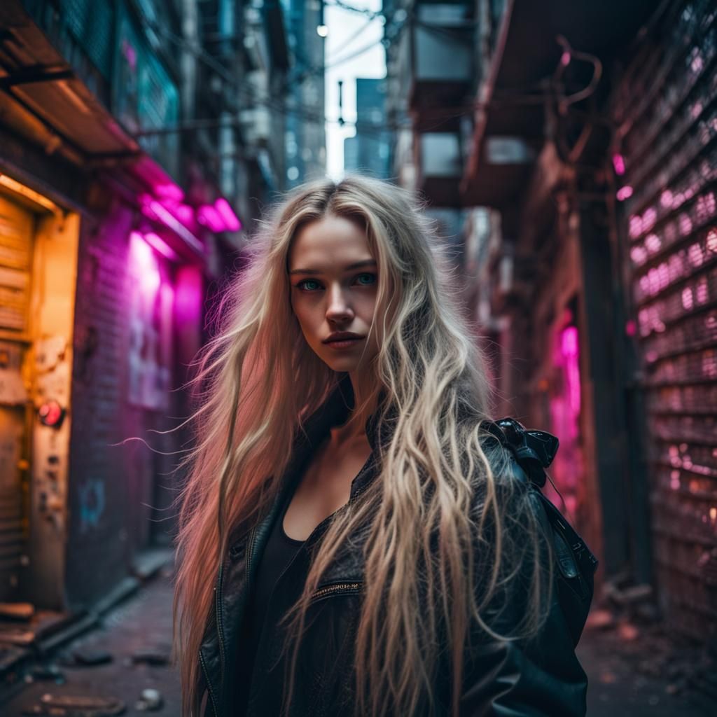 Mysterious Blonde Girl in Cyberpunk Alleyway
