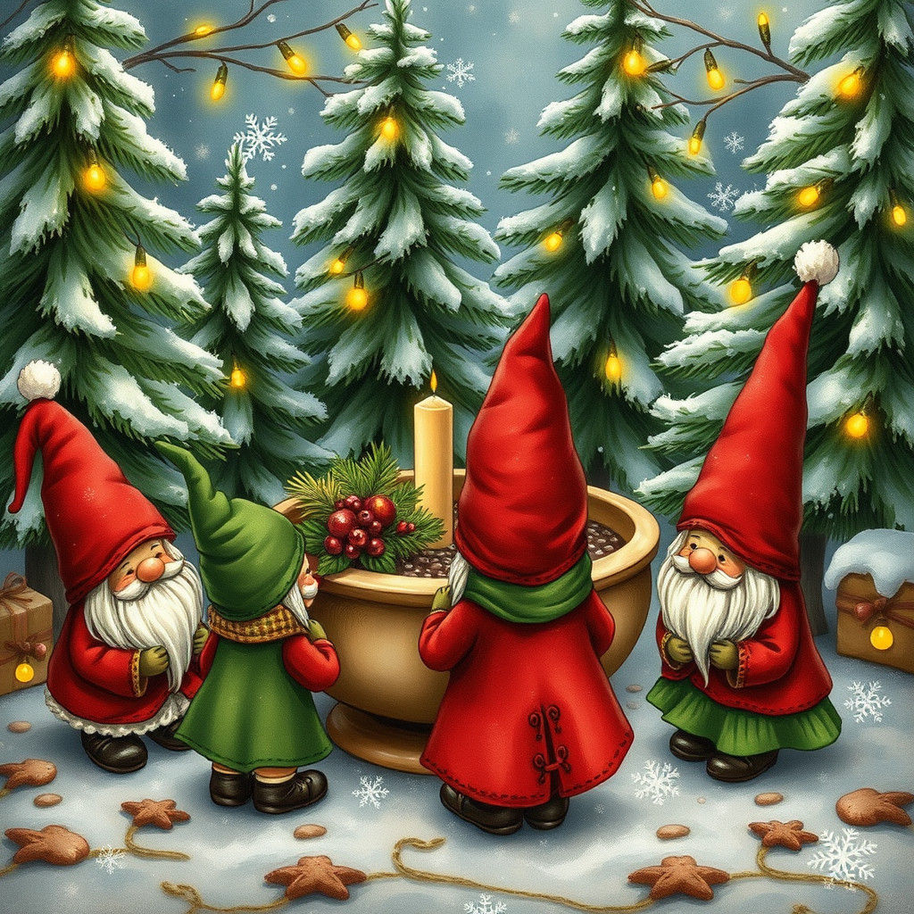 Festive Garden Gnomes Wassailing in Folk-Art Style