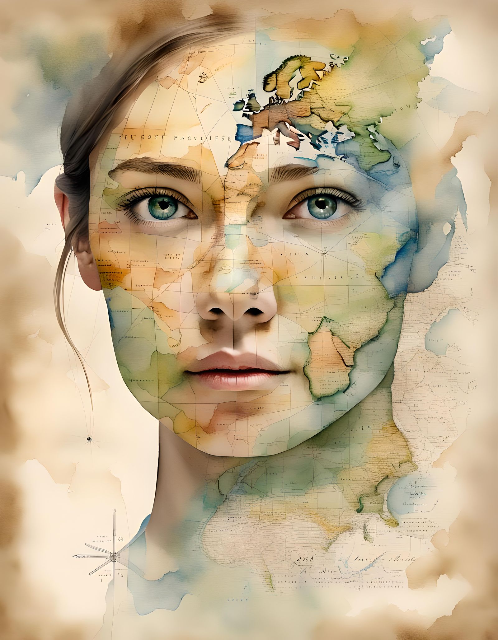 Watercolor Portrait: Woman's Face as a Cartography