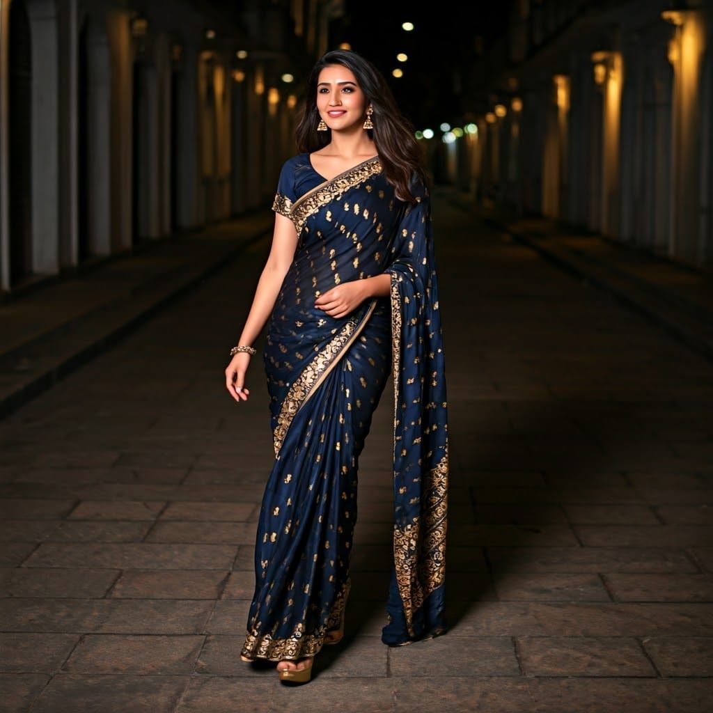 Indian Woman in Dark Blue Sari Walking at Night, Gold Jewelr...