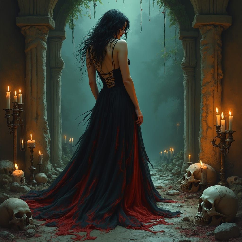 Dark Fantasy Woman in Tattered Black Gown
