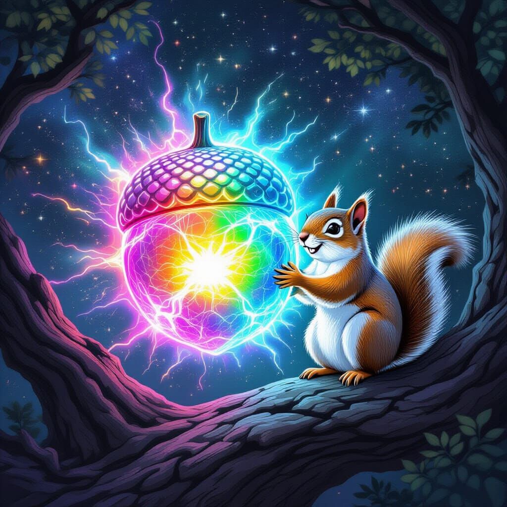 Squirrel Embracing Iridescent Acorn in Grayscale Space