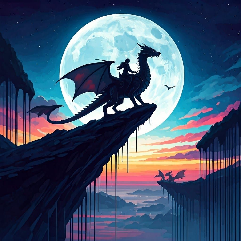 Dragon Rider Silhouette Under Ethereal Moon