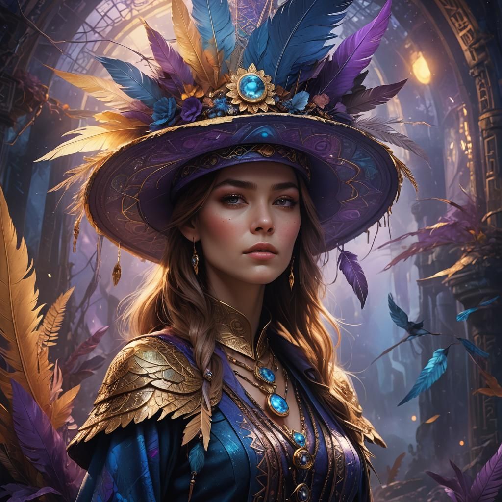 Woman with Feathered Hat in Mystical Environment
