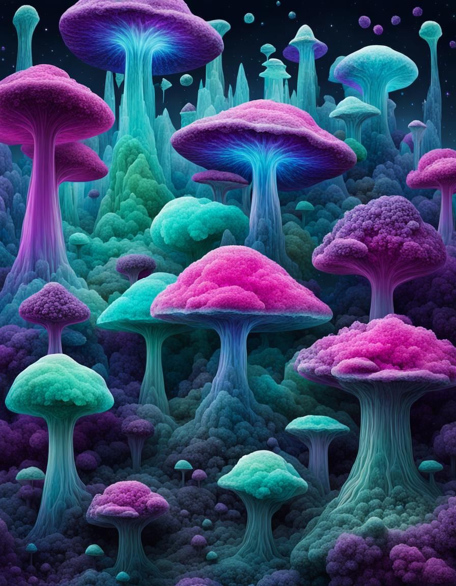 Crystal Fungi Colony Universe in Vivid Colors