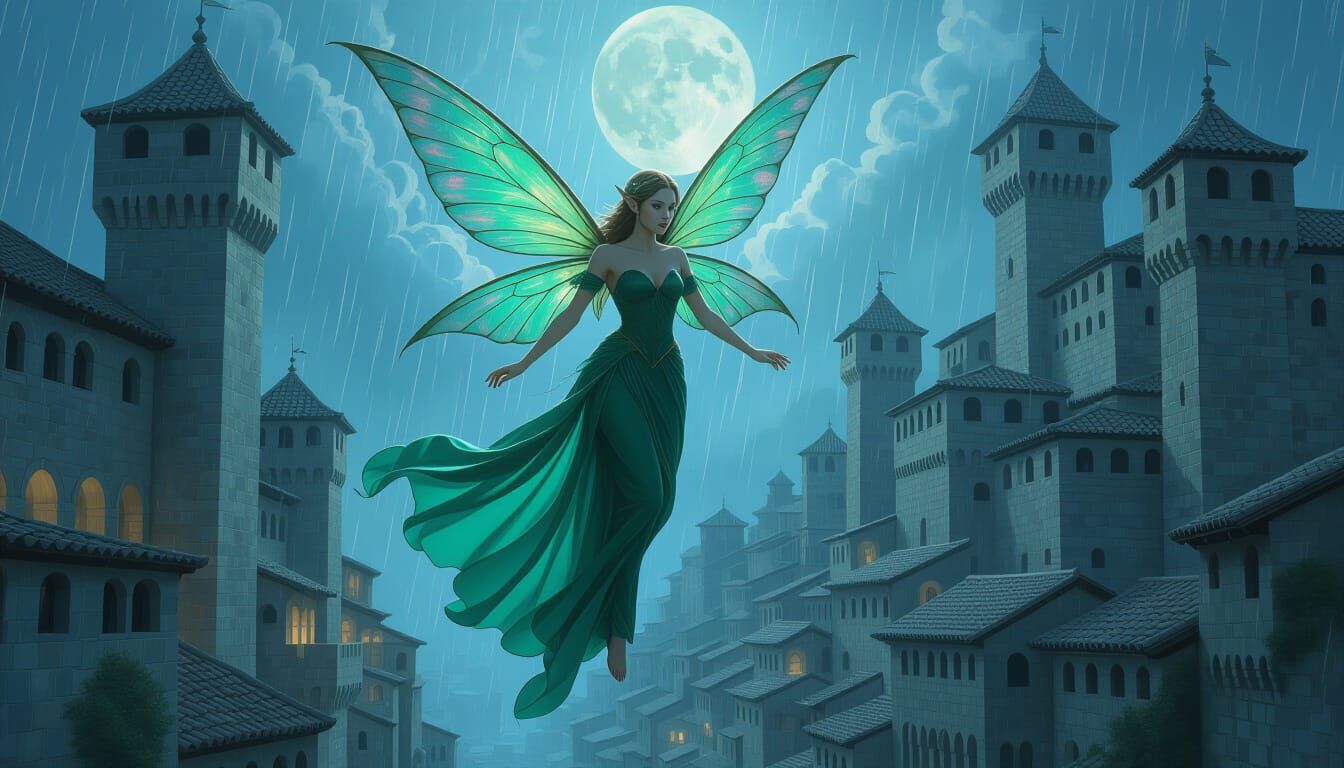 Fairy in Rain Over Medieval City