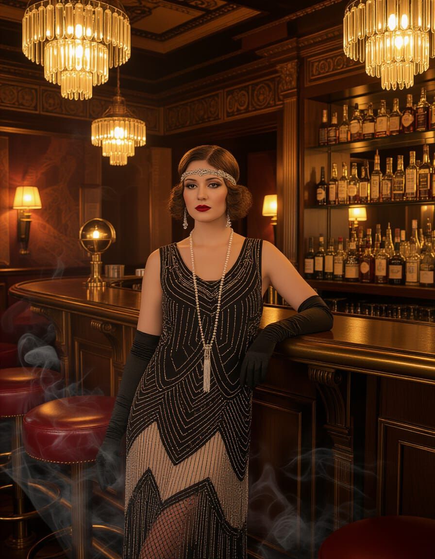 Elegant Flapper in 1920s Speakeasy with Amber Lighting
