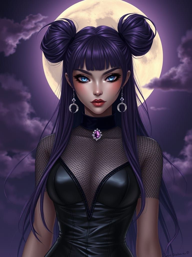Confident Mystique: A Purple-Haired Siren in Moonlit Eleganc...