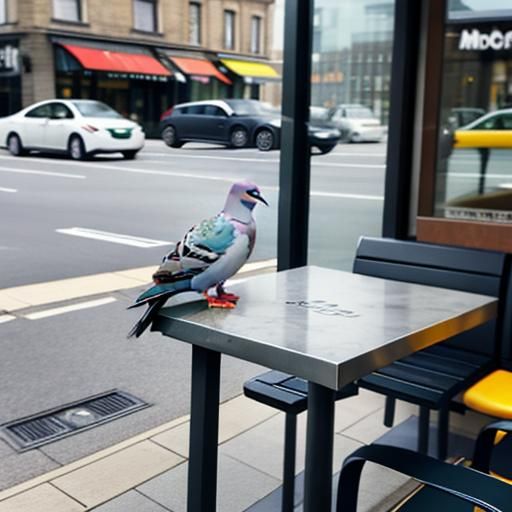 Pigeon sat at an outdoor table at MacDonalds in Leeds