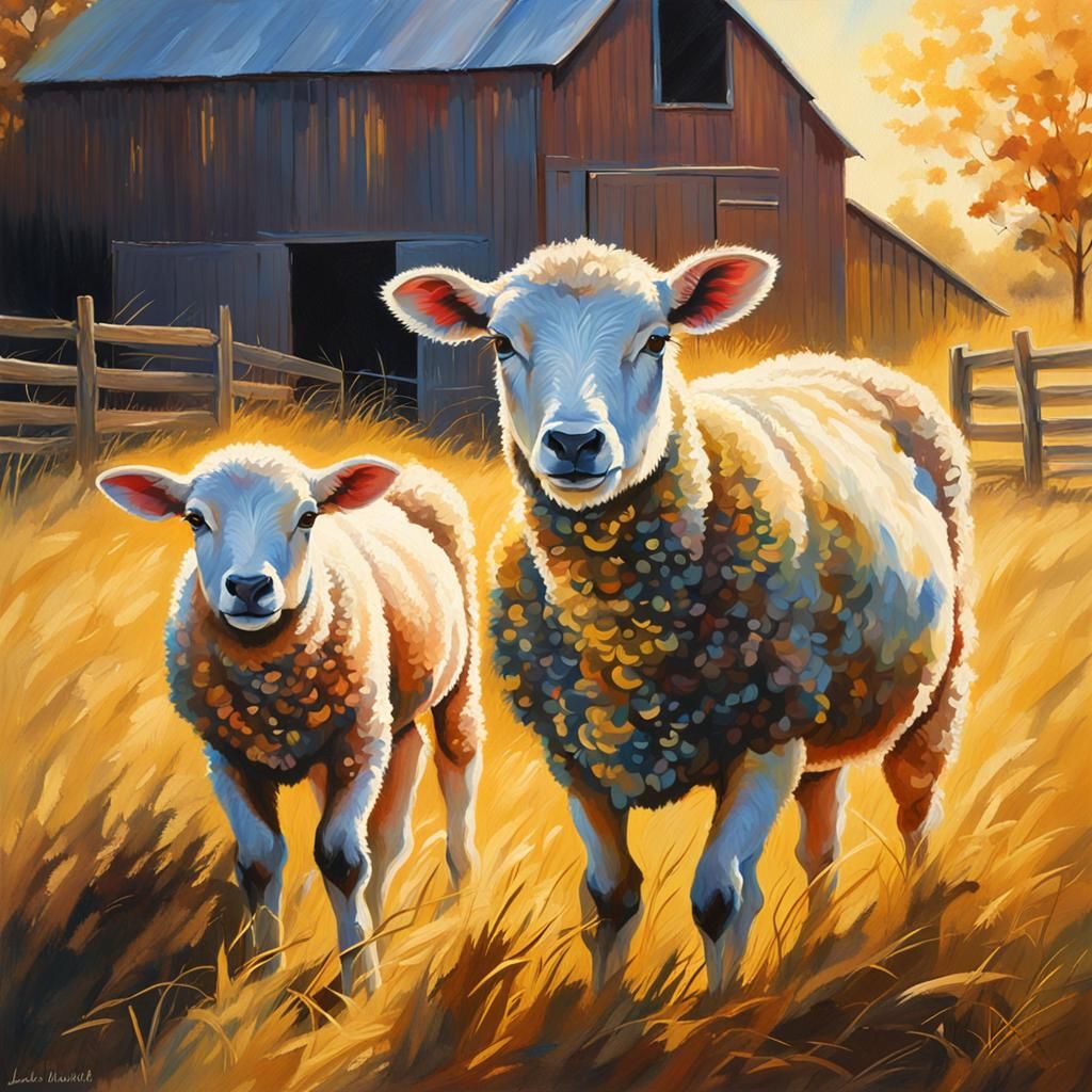 Ewe and Lambs in Sunlit Barn: Hyperrealistic Splash Art