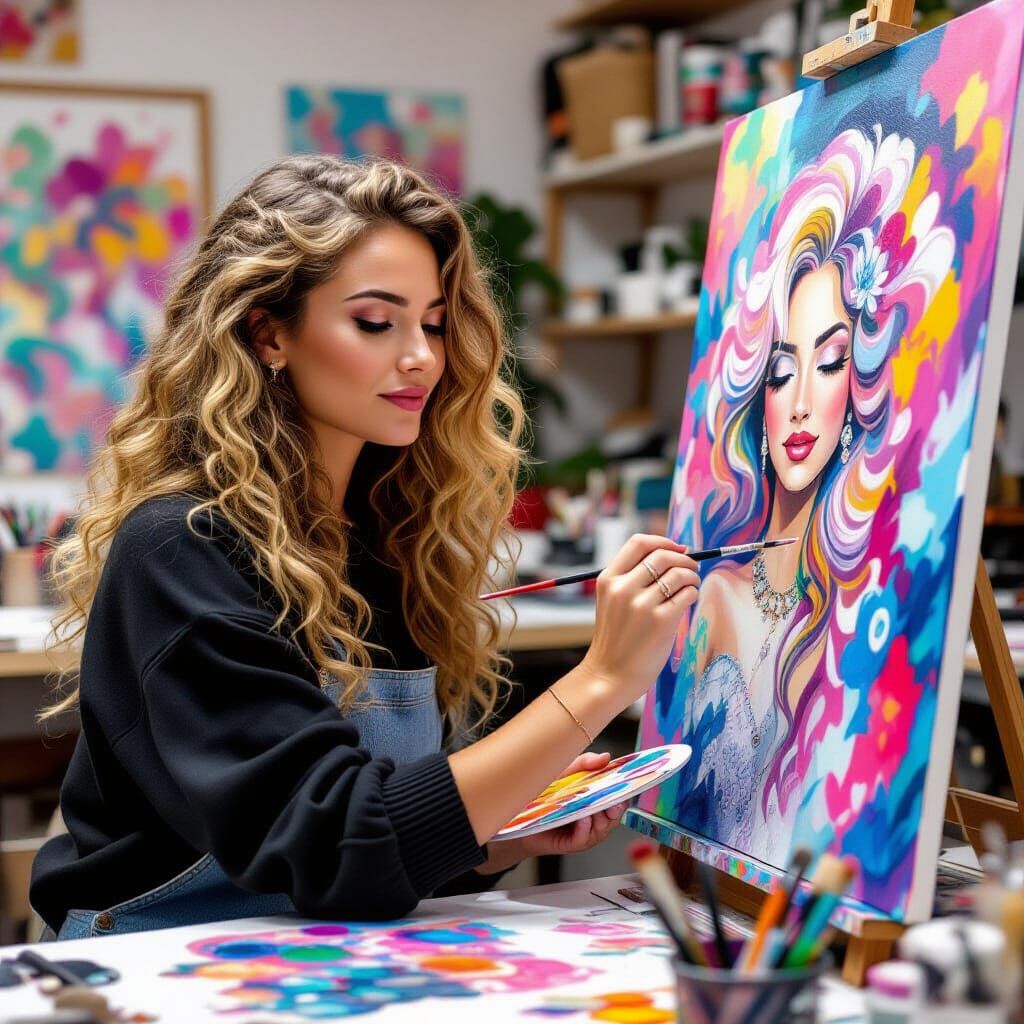 Woman Painting Colorful Art with Intricate Details