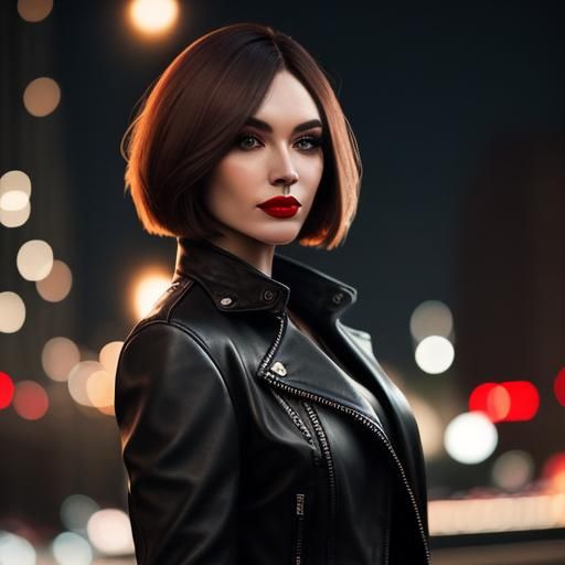 Stylish Woman with Bob Haircut in City at Night