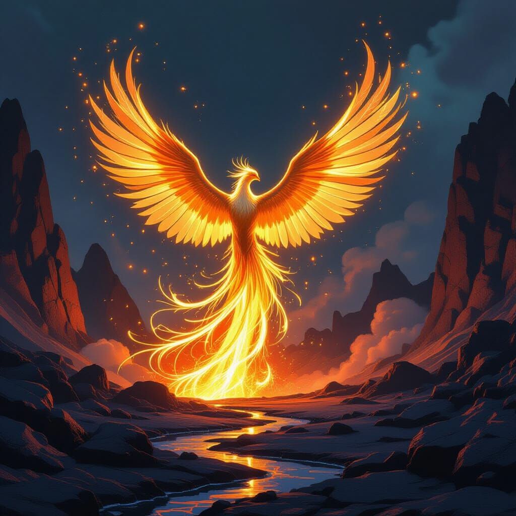 Bioluminescent Phoenix Rising on Alien Planet in Art Nouveau...