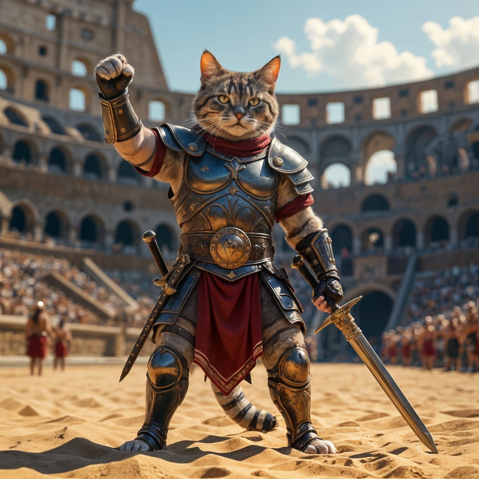 Victorious Gladiator Cat in Colosseum: Hyperrealistic Splash...