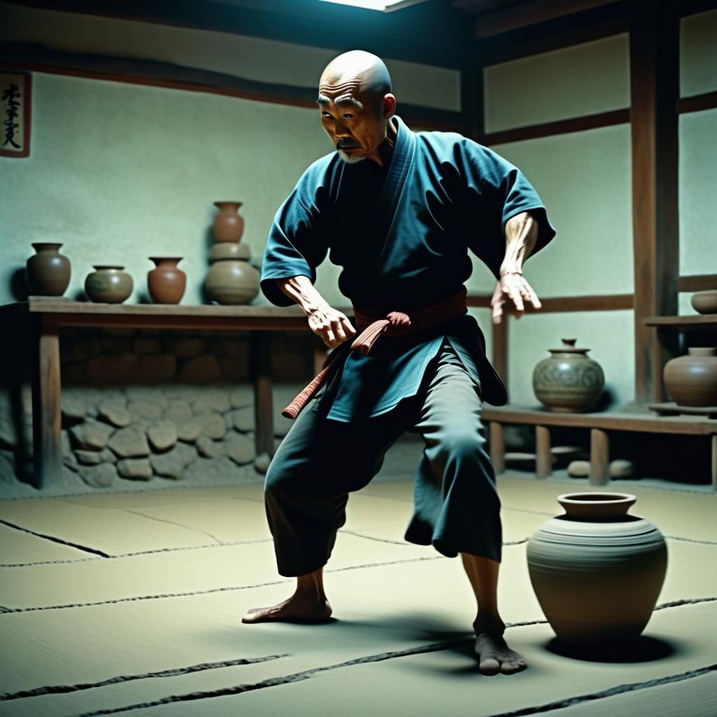 Ancient Kung Fu Master Kicks Pottery in Dojo