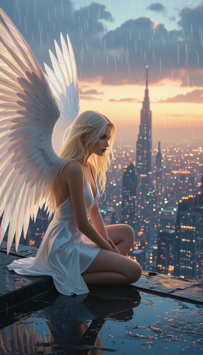 Ethereal Angel on Rooftop Over Futuristic Cityscape