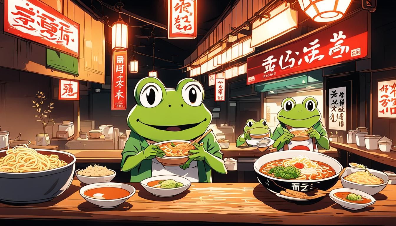 Frog-Themed Ramen Shop in Anime Key Visual Style