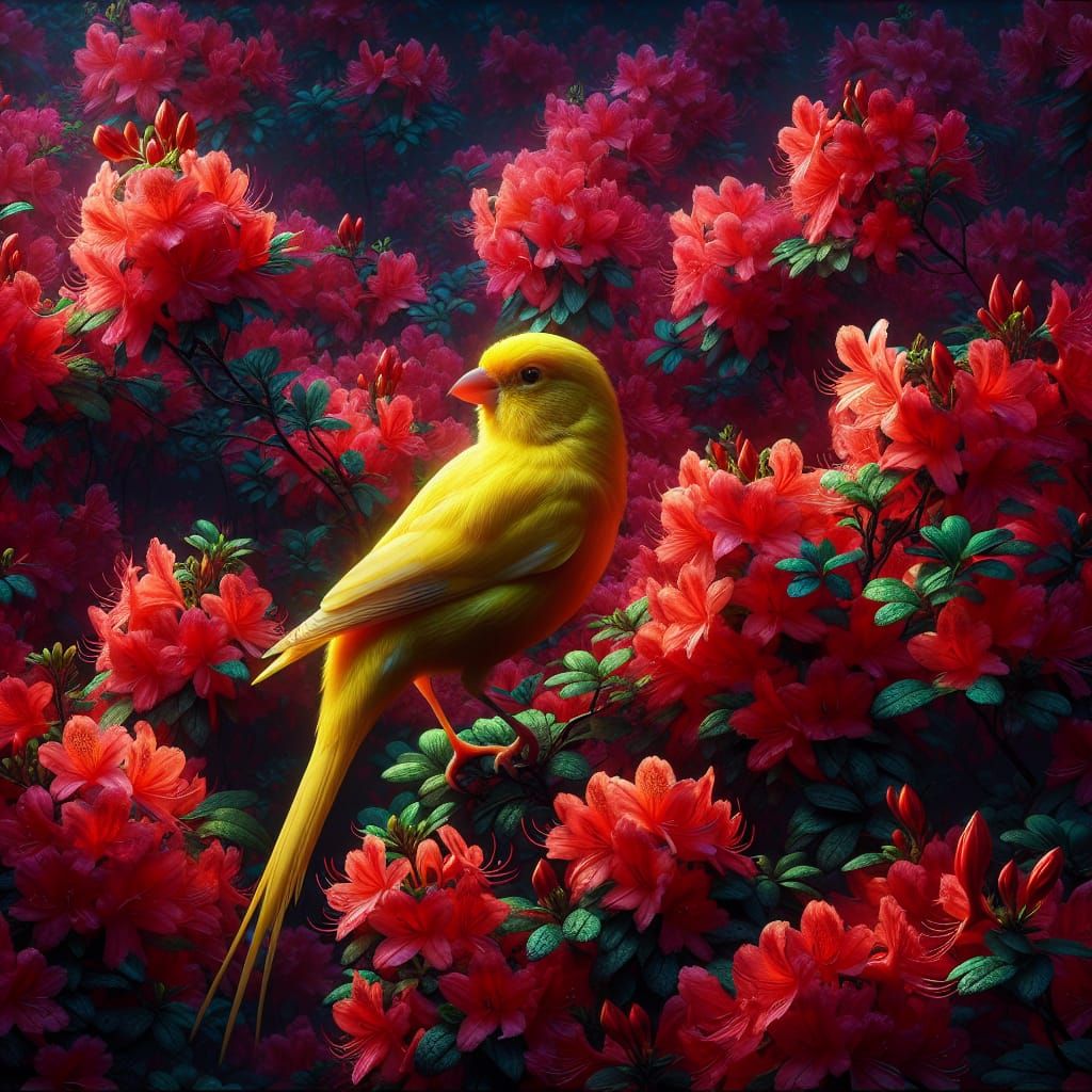 Vibrant Yellow Canary Amidst Red Azalea Blooms in Epic Digit...