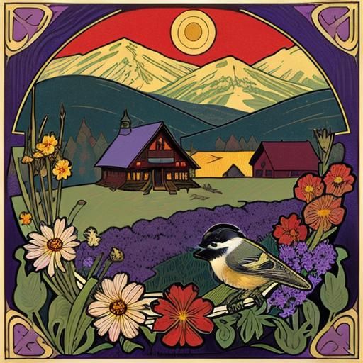 Vermont Landscape Woodcut in Art Nouveau Style