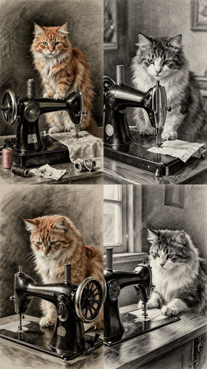 Hyperdetailed Charcoal Drawing of a Cat on a Sewing Machine