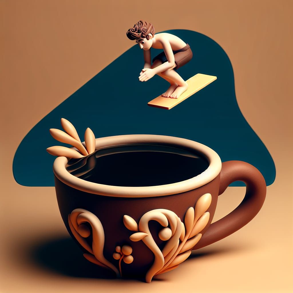 Man Diving into Coffee Cup, Art Nouveau Style
