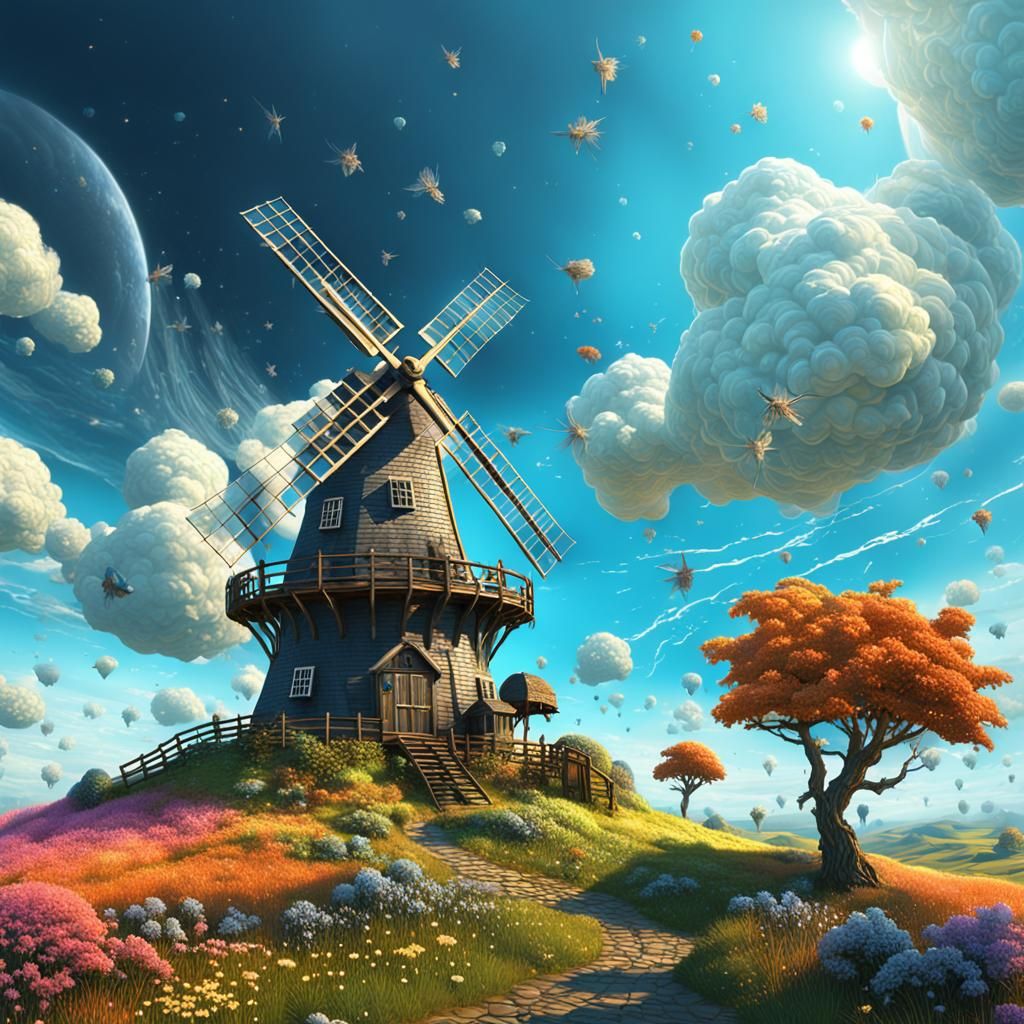 Windmill Flies in Summer Sky: Detailed Matte Painting