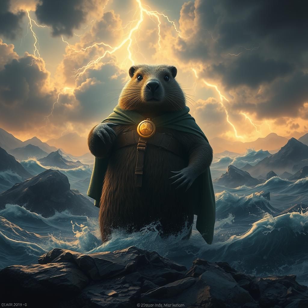 Heroic Beaver Amidst Mystical Storm Landscape