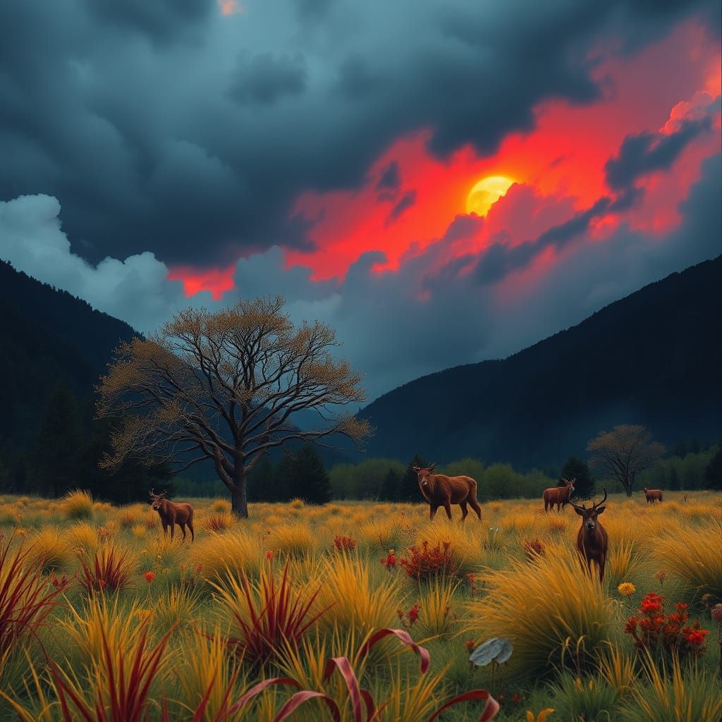 Vibrant Stormy Sunset Landscape with Wild Animals